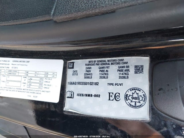 45574939 :رقم المزاد ، 1G6AG1RXXG0102182 vin ، 2016 Cadillac Ats Turbo Standard مزاد بيع