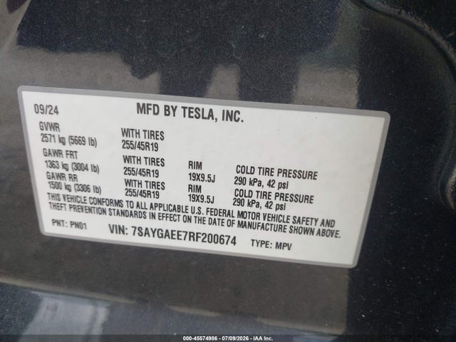 45574986 :رقم المزاد ، 7SAYGAEE7RF200674 vin ، 2024 Tesla Model Y Long Range Dual Motor All-wheel Drive مزاد بيع