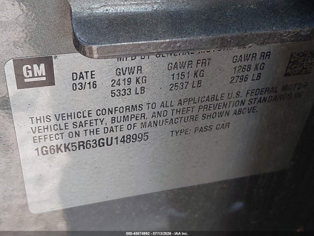 2016 Cadillac Ct6 Platinum მანქანა იყიდება აუქციონზე, vin: 1G6KK5R63GU148995, აუქციონის ნომერი: 45574992