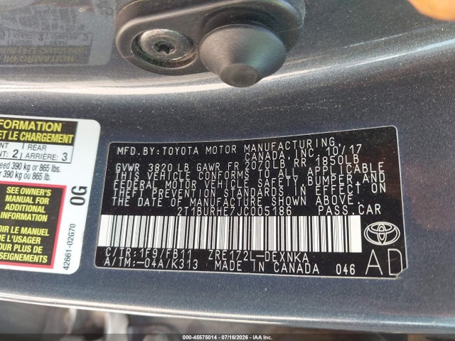 45575014 :رقم المزاد ، 2T1BURHE7JC005186 vin ، 2018 Toyota Corolla Le مزاد بيع