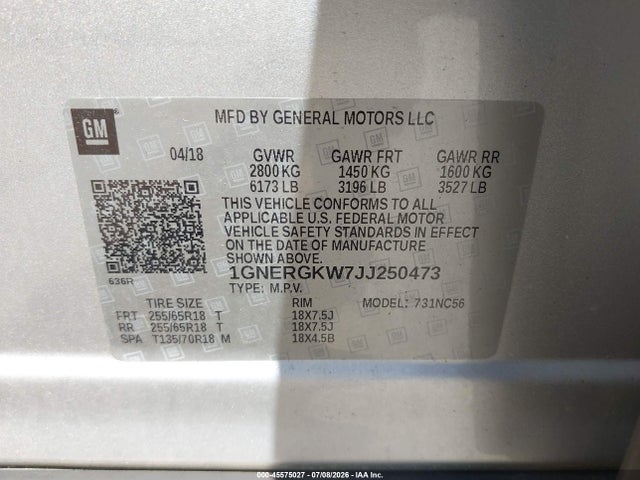 2018 Chevrolet Traverse Lt Cloth მანქანა იყიდება აუქციონზე, vin: 1GNERGKW7JJ250473, აუქციონის ნომერი: 45575027