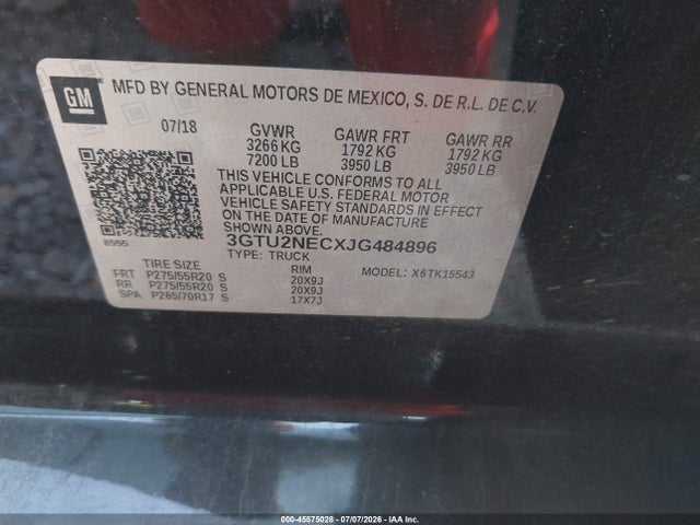 Продаж на аукціоні авто 2018 Gmc Sierra 1500 Slt, vin: 3GTU2NECXJG484896, номер лоту: 45575028