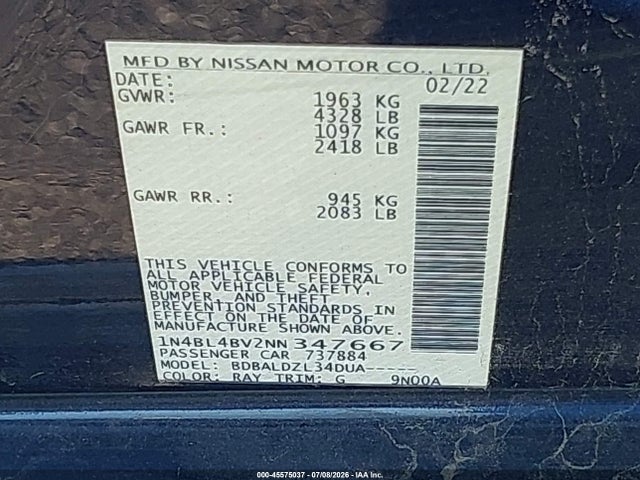 1N4BL4BV2NN347667 Nissan Altima S Fwd