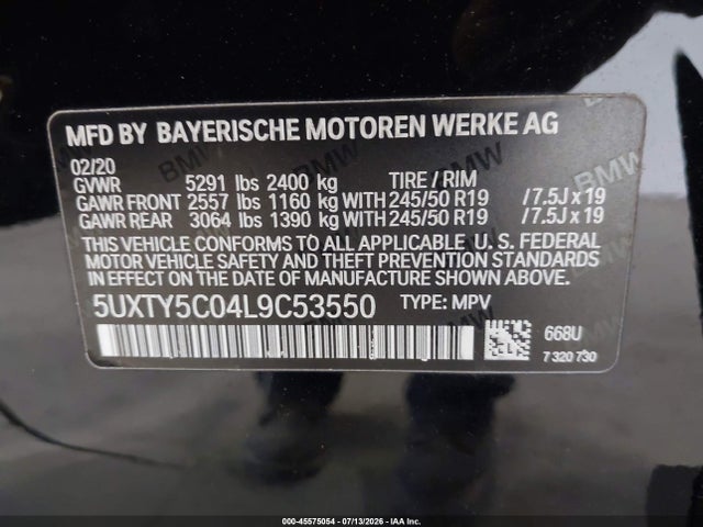 45575054 :رقم المزاد ، 5UXTY5C04L9C53550 vin ، 2020 Bmw X3 Xdrive30i مزاد بيع