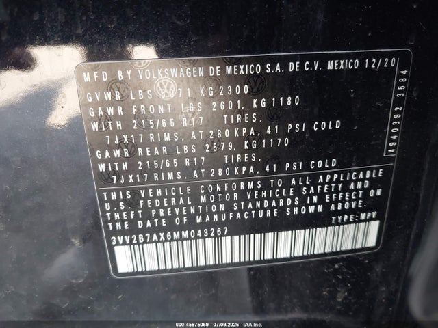 2021 Volkswagen Tiguan 2.0t Se/2.0t Se R-line Black/2.0t Sel მანქანა იყიდება აუქციონზე, vin: 3VV2B7AX6MM043267, აუქციონის ნომერი: 45575069