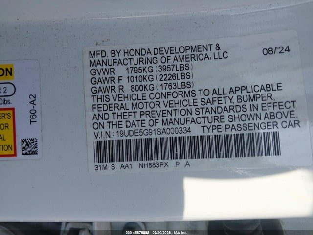 Aukcja sprzedaży 2025 Acura Integra Type S, vin: 19UDE5G91SA000334, numer aukcji: 45575088