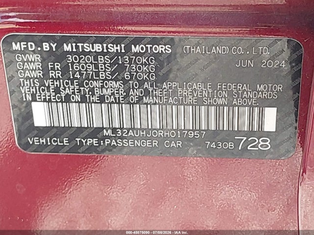 45575090 :رقم المزاد ، ML32AUHJ0RH017957 vin ، 2024 Mitsubishi Mirage Es/le مزاد بيع