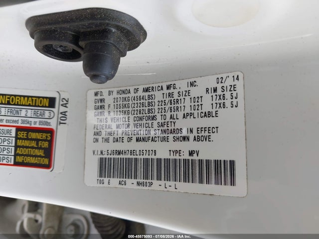 45575093 :رقم المزاد ، 5J6RM4H78EL057079 vin ، 2014 Honda Cr-v Ex-l مزاد بيع