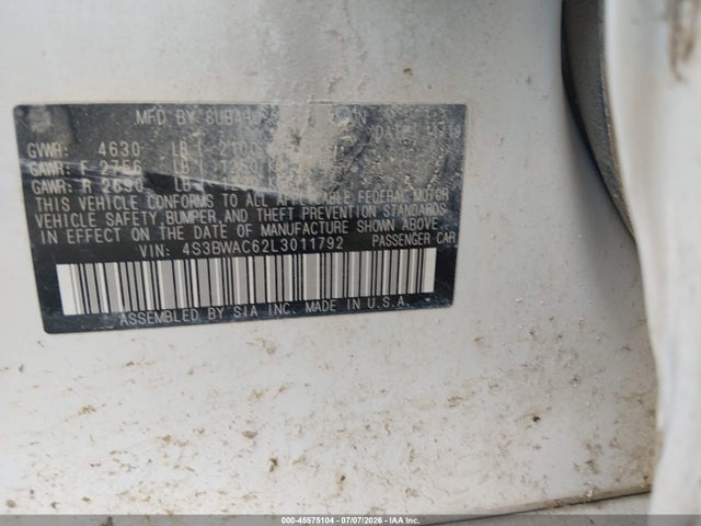 45575104 :رقم المزاد ، 4S3BWAC62L3011792 vin ، 2020 Subaru Legacy Premium مزاد بيع
