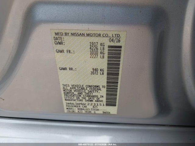 Продажа на аукционе авто 2016 Nissan Altima 2.5/2.5 S/2.5 Sl/2.5 Sr/2.5 Sv, vin: 1N4AL3AP6GC223151, номер лота: 45575122
