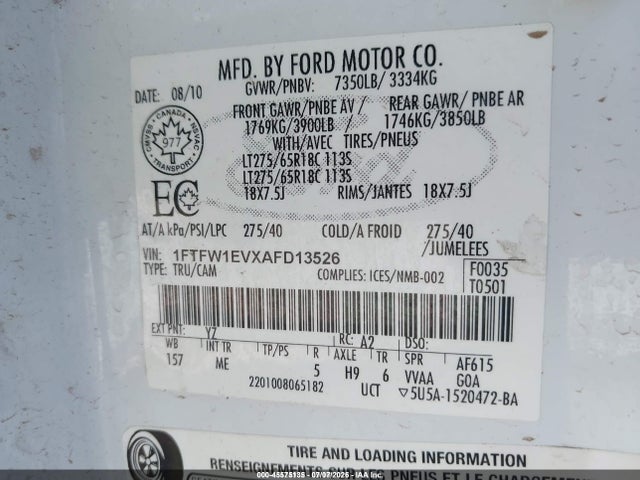 45575135 :رقم المزاد ، 1FTFW1EVXAFD13526 vin ، 2010 Ford F-150 Fx4/harley-davidson/king Ranch/lariat/platinum/xl/xlt مزاد بيع