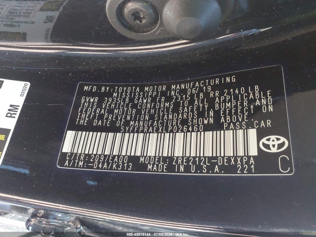 Продажа на аукционе авто 2020 Toyota Corolla Xle, vin: 5YFFPRAEXLP026460, номер лота: 45575144