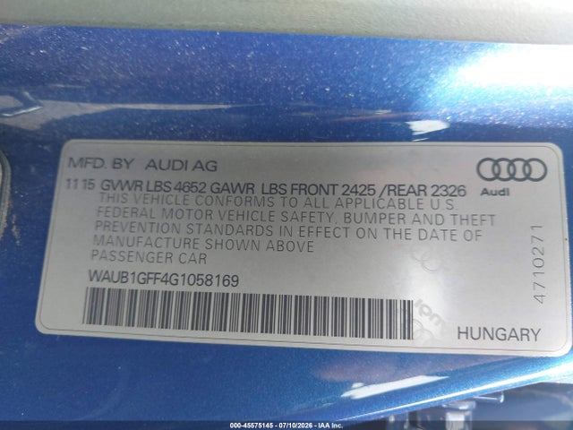 Aukcja sprzedaży 2016 Audi S3 Premium Plus, vin: WAUB1GFF4G1058169, numer aukcji: 45575145