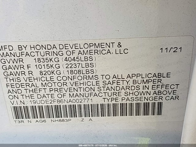 45575170 :رقم المزاد ، 19UDE2F86NA002771 vin ، 2022 Acura Ilx Premium   A-spec Packages/technology   A-spec Packages مزاد بيع