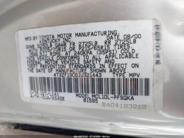 Продажа на аукционе авто 2001 Toyota Sienna Xle, vin: 4T3ZF13C61U321443, номер лота: 45575192