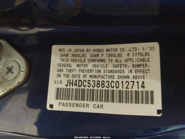 Продаж на аукціоні авто 2003 Acura Rsx, vin: JH4DC53883C012714, номер лоту: 45575203