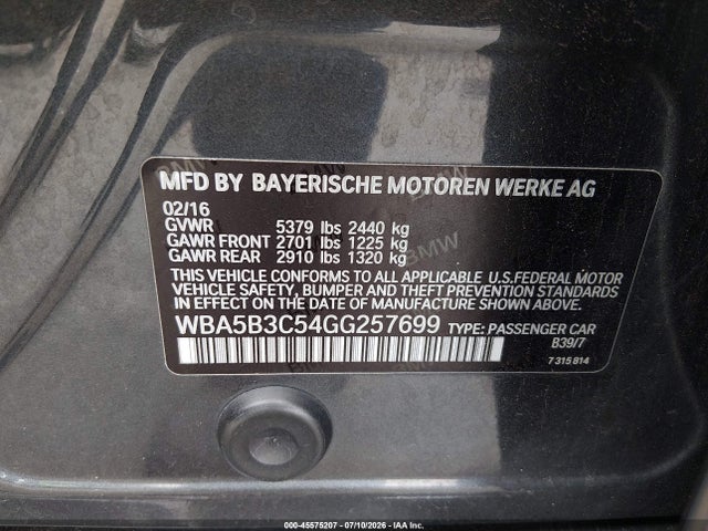 45575207 :رقم المزاد ، WBA5B3C54GG257699 vin ، 2016 Bmw 535i Xdrive مزاد بيع