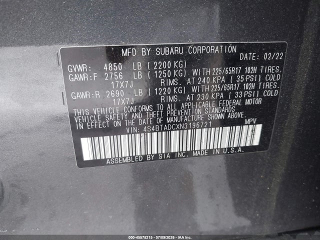 45575215 :رقم المزاد ، 4S4BTADCXN3196721 vin ، 2022 Subaru Outback Premium مزاد بيع