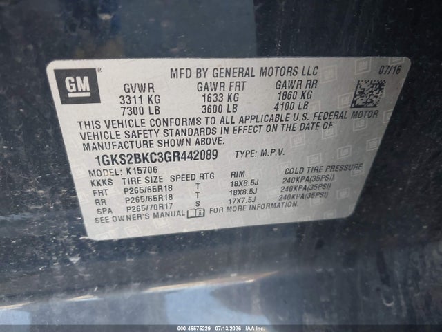 Продаж на аукціоні авто 2016 Gmc Yukon Slt, vin: 1GKS2BKC3GR442089, номер лоту: 45575229