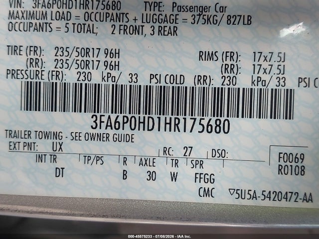 45575233 :رقم المزاد ، 3FA6P0HD1HR175680 vin ، 2017 Ford Fusion Se مزاد بيع