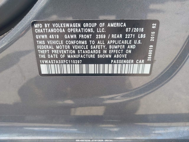 Продажа на аукционе авто 2015 Volkswagen Passat 1.8t Limited Edition, vin: 1VWAS7A3XFC110297, номер лота: 45575238