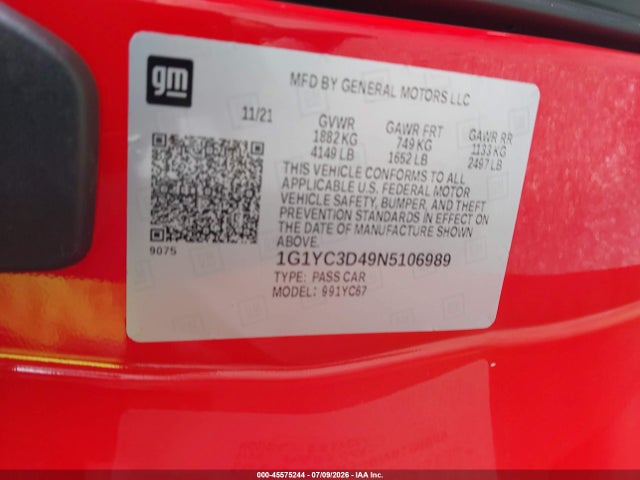 Auction sale of the 2022 Chevrolet Corvette Stingray Rwd  3lt, vin: 1G1YC3D49N5106989, lot number: 45575244
