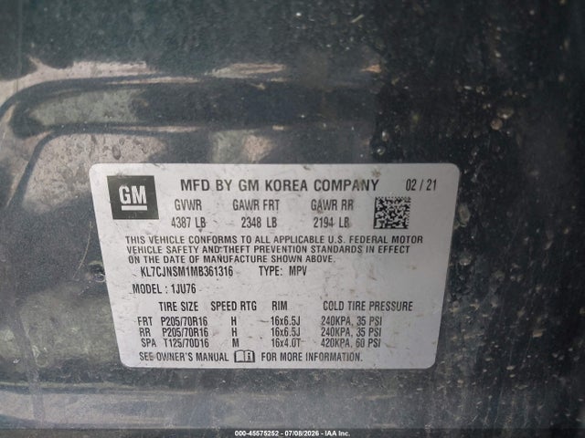 2021 Chevrolet Trax Awd Ls მანქანა იყიდება აუქციონზე, vin: KL7CJNSM1MB361316, აუქციონის ნომერი: 45575252