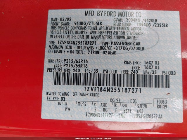 2005 Ford Mustang მანქანა იყიდება აუქციონზე, vin: 1ZVFT84N255187271, აუქციონის ნომერი: 45575285