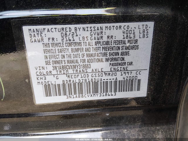 45575290 :رقم المزاد ، 3N1AB8CVXMY318663 vin ، 2021 Nissan Sentra Sv Xtronic Cvt مزاد بيع