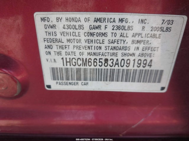 2003 Honda Accord Sdn Ex მანქანა იყიდება აუქციონზე, vin: 1HGCM66583A091994, აუქციონის ნომერი: 45575294