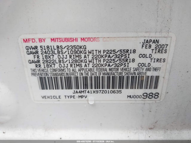 45575298 :رقم المزاد ، JA4MT41X97Z010635 vin ، 2007 Mitsubishi Outlander Xls مزاد بيع