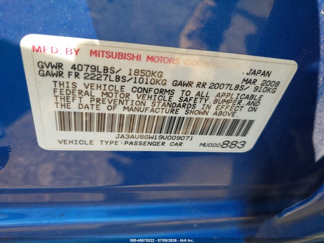 Aukcja sprzedaży 2009 Mitsubishi Lancer Gts, vin: JA3AU86W19U009071, numer aukcji: 45575322