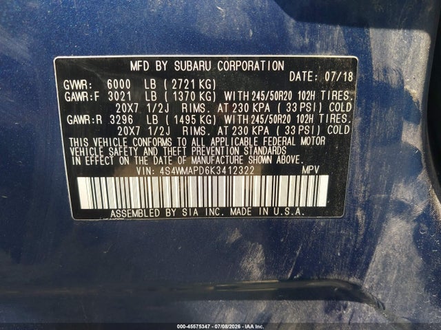 Продажа на аукционе авто 2019 Subaru Ascent Limited, vin: 4S4WMAPD6K3412322, номер лота: 45575347