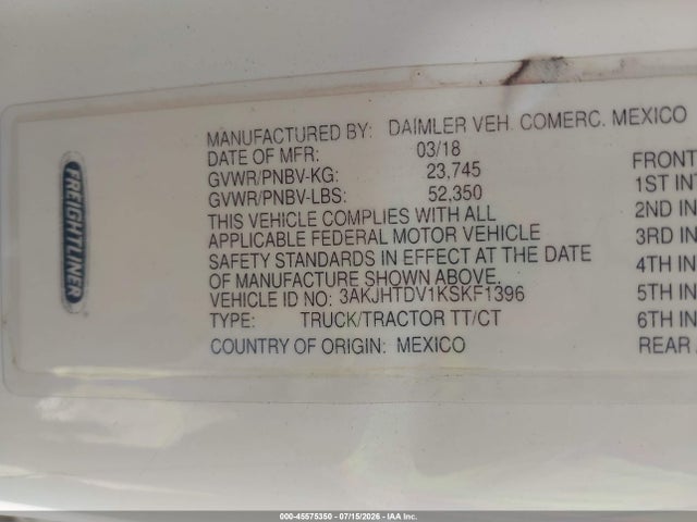 Продажа на аукционе авто 2019 Freightliner New Cascadia 116, vin: 3AKJHTDV1KSKF1396, номер лота: 45575350