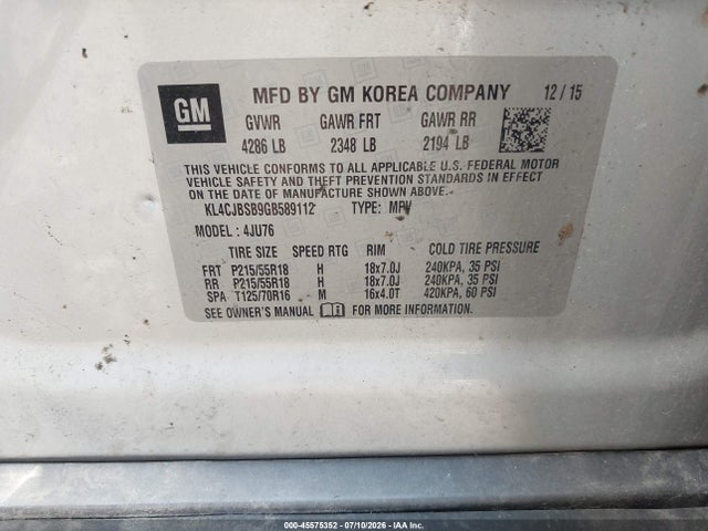 45575352 :رقم المزاد ، KL4CJBSB9GB589112 vin ، 2016 Buick Encore Convenience مزاد بيع