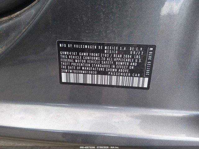 2022 Volkswagen Jetta 1.5t Se მანქანა იყიდება აუქციონზე, vin: 3VW7M7BU9NM019630, აუქციონის ნომერი: 45575356