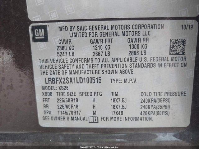Продаж на аукціоні авто 2020 Buick Envision Awd Essence, vin: LRBFX2SA1LD100515, номер лоту: 45575377