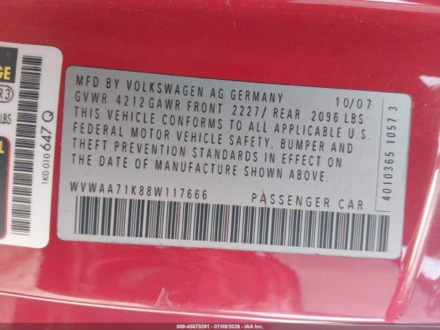 Продажа на аукционе авто 2008 Volkswagen Rabbit S, vin: WVWAA71K88W117666, номер лота: 45575391