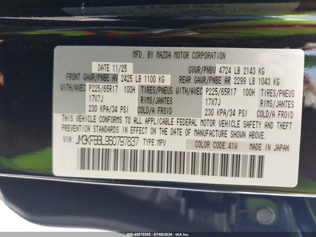 45575392 :رقم المزاد ، JM3KFBBL9S0797837 vin ، 2025 Mazda Cx-5 2.5 S Select مزاد بيع