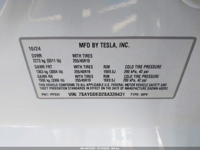 45575393 :رقم المزاد ، 7SAYGDED2SA339431 vin ، 2025 Tesla Model Y Long Range Dual Motor Rear-wheel Drive مزاد بيع