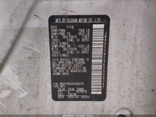 2019 Nissan Armada Sv მანქანა იყიდება აუქციონზე, vin: JN8AY2NCXKX509247, აუქციონის ნომერი: 45575401