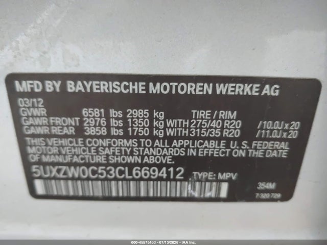 Aukcja sprzedaży 2012 Bmw X5 Xdrive35d, vin: 5UXZW0C53CL669412, numer aukcji: 45575403
