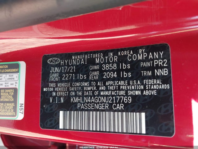 2022 Hyundai Elantra Sel მანქანა იყიდება აუქციონზე, vin: KMHLN4AG0NU217769, აუქციონის ნომერი: 45575419
