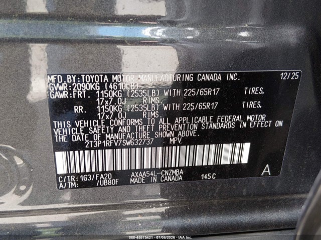 45575421 :رقم المزاد ، 2T3P1RFV7SW632737 vin ، 2025 Toyota Rav4 Xle مزاد بيع