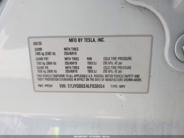 Aukcja sprzedaży 2020 Tesla Model Y Long Range Dual Motor All-wheel Drive, vin: 5YJYGDEE4LF038654, numer aukcji: 45575437
