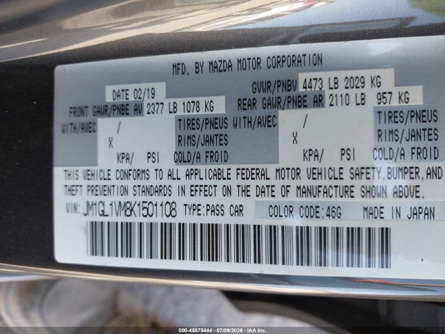 Aukcja sprzedaży 2019 Mazda Mazda6 Touring, vin: JM1GL1VM8K1501108, numer aukcji: 45575444