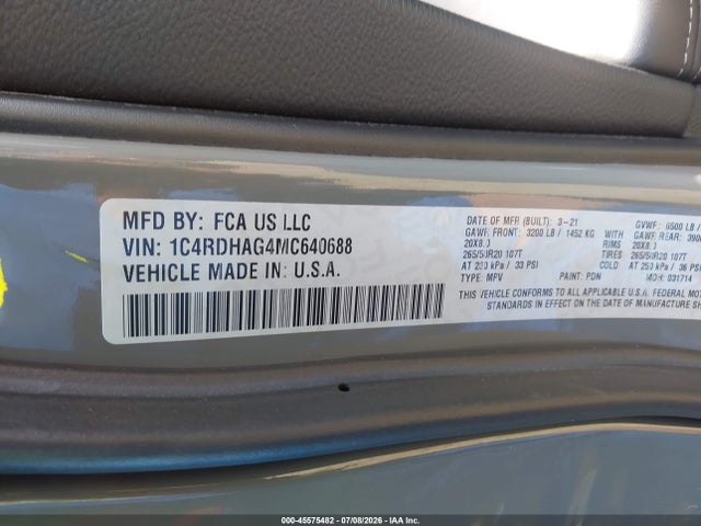 Aukcja sprzedaży 2021 Dodge Durango Sxt Plus Rwd, vin: 1C4RDHAG4MC640688, numer aukcji: 45575482