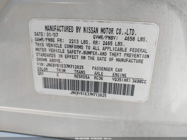 Продаж на аукціоні авто 2007 Infiniti G35 Journey, vin: JNKBV61E37M712625, номер лоту: 45575499