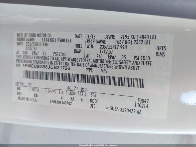 45575509 :رقم المزاد ، 1FMCU9G98JUB31726 vin ، 2018 Ford Escape Se مزاد بيع