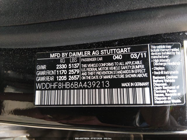 2011 Mercedes-benz E 350 4matic მანქანა იყიდება აუქციონზე, vin: WDDHF8HB6BA439213, აუქციონის ნომერი: 45575524